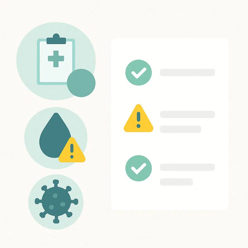 Medical illustration depicting common causes and risk factors for vasectomy complications with checklist and caution symbols