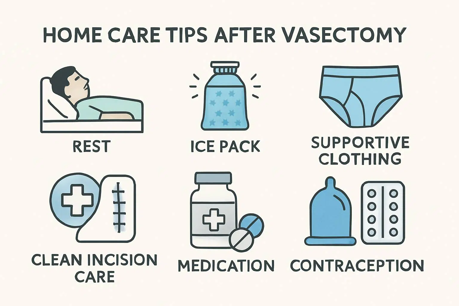 Medical illustration showing safe home care tips after vasectomy including rest, ice packs, supportive underwear, clean incision care, medication, and contraception