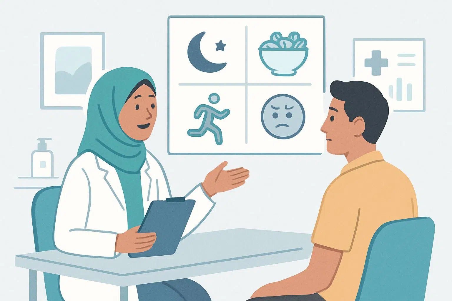 Doctor consulting with male patient at WeCare Clinic in Kuala Lumpur, bright professional clinic environment