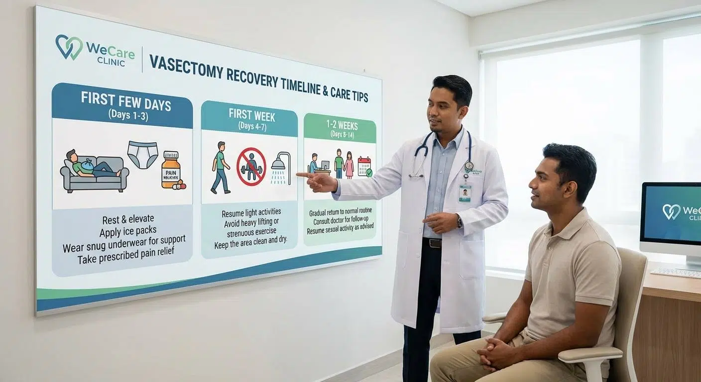Illustration of a male vasectomy procedure showing the vas deferens being cut or blocked in a clinical setting.