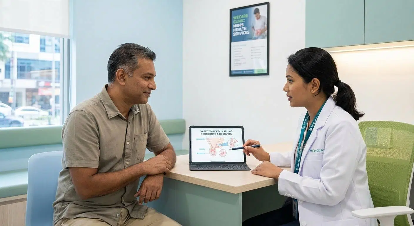Illustration of a man consulting with a doctor at WeCare Clinic about vasectomy, showing a relaxed and professional medical environment in Kuala Lumpur.