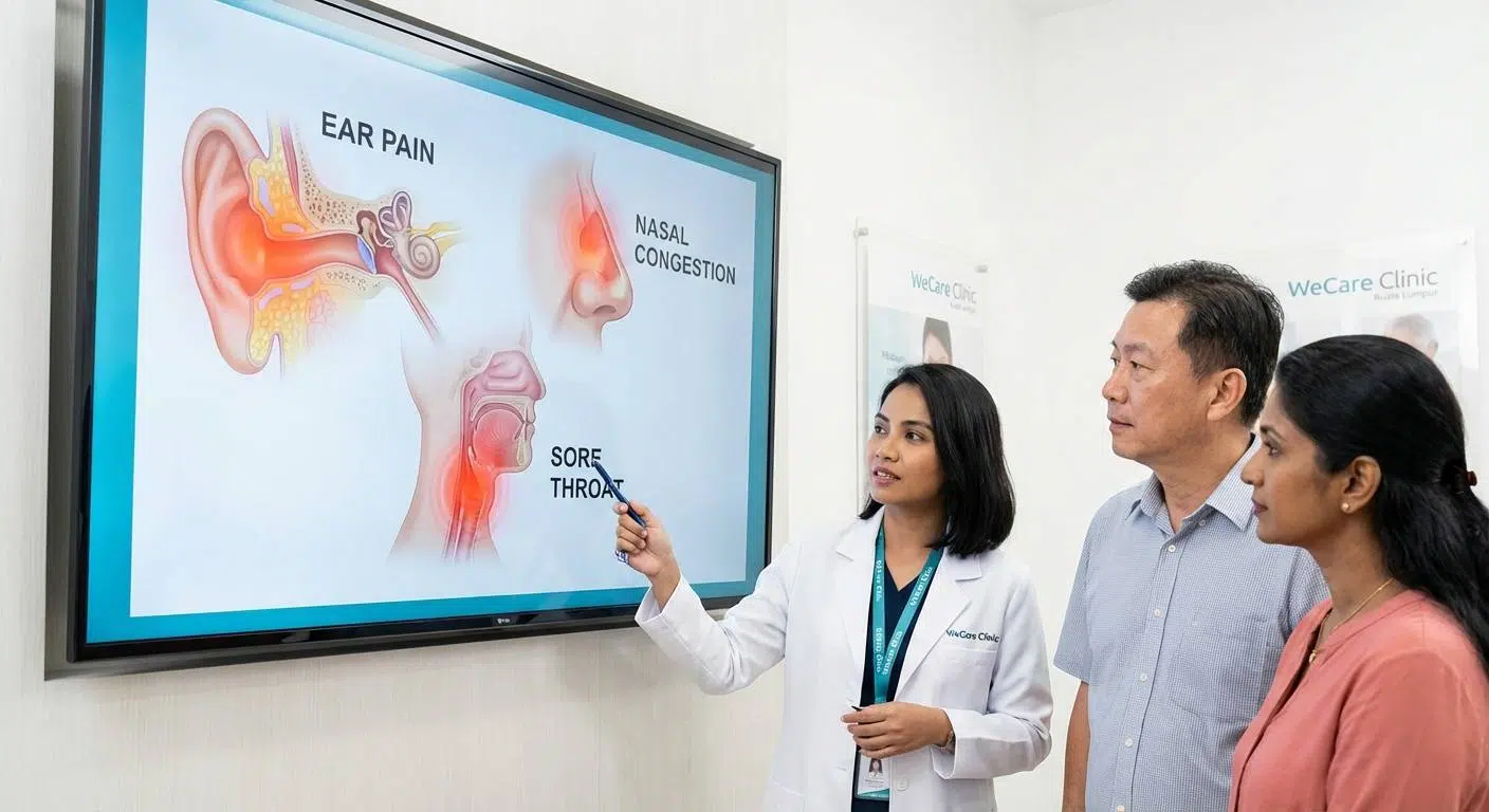 Illustration of common ENT symptoms showing ear, nose, and throat with highlighted problem areas like ear pain, nasal congestion, and sore throat.