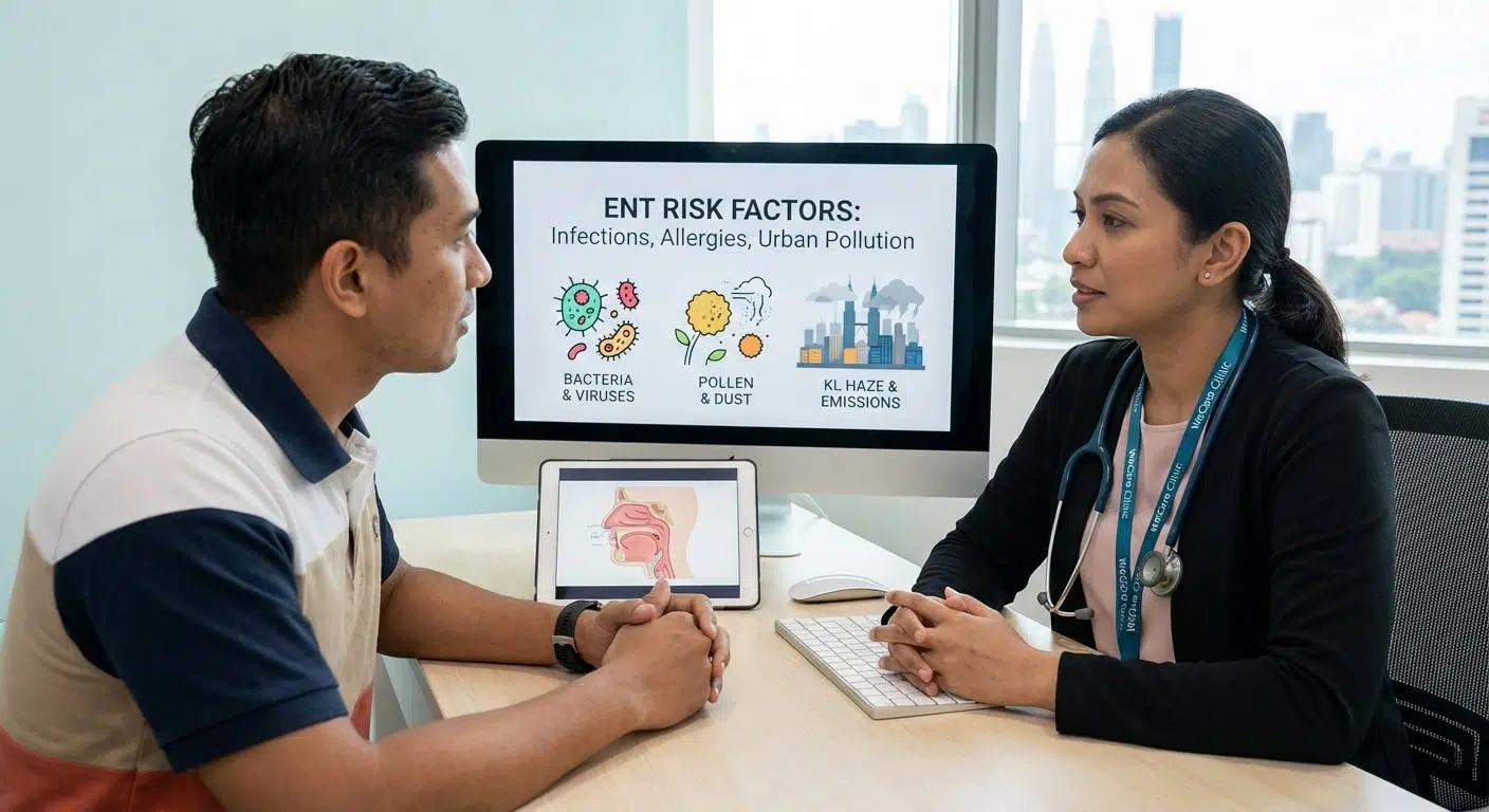 Visual depicting causes and risk factors for ENT conditions including infections, allergies, urban pollution in Kuala Lumpur, and anatomical diagrams.