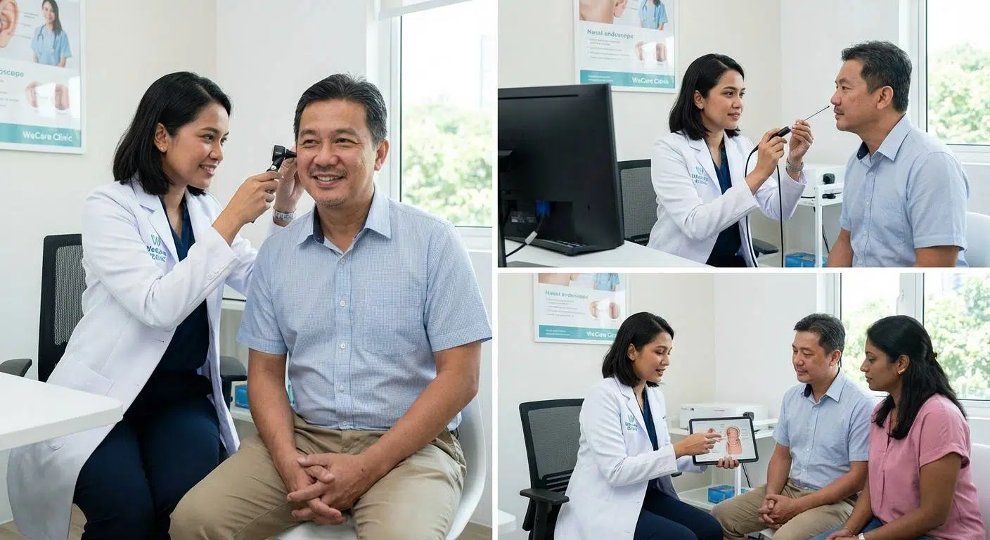Scene of a welcoming clinic environment at WeCare Clinic with a doctor examining a patient using otoscope and nasal endoscope.