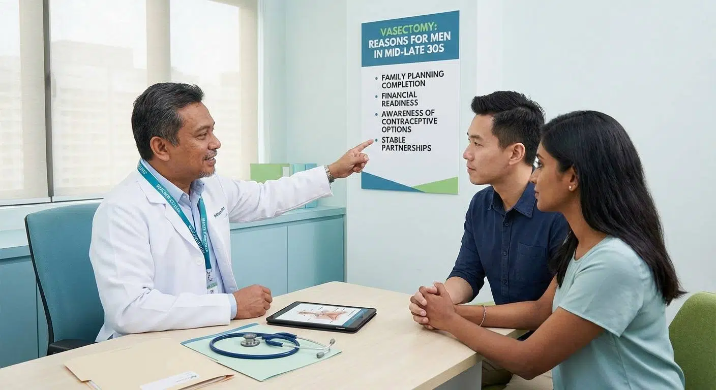 Infographic showing the average age of men undergoing vasectomy around 36-37 years old, with visual emphasis on family completion and typical age demographics in Kuala Lumpur/Klang Valley.