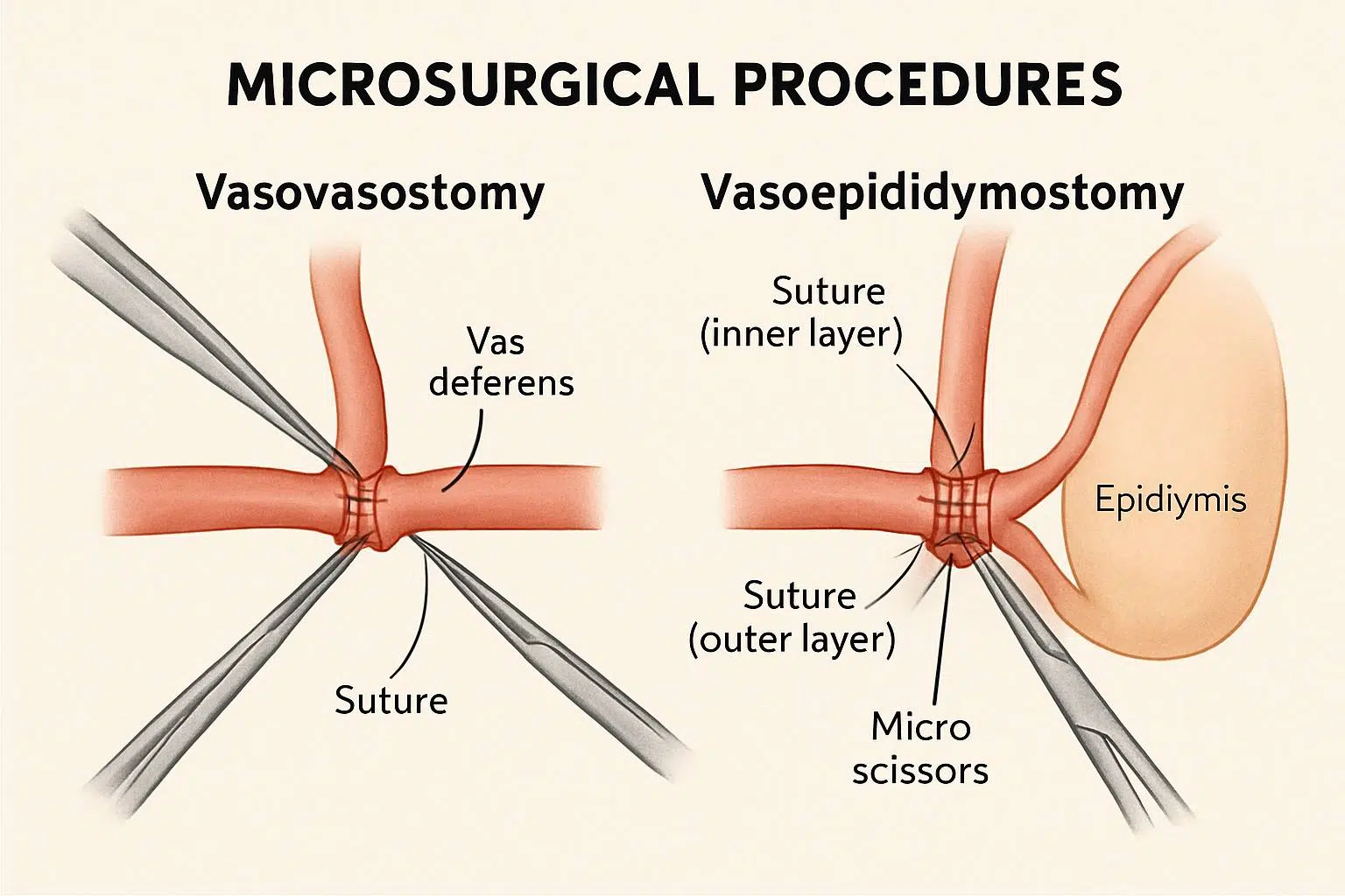 2D medical illustration depicting microsurgical procedures of vasovasostomy and vasoepididymostomy with labeled surgical techniques and instruments