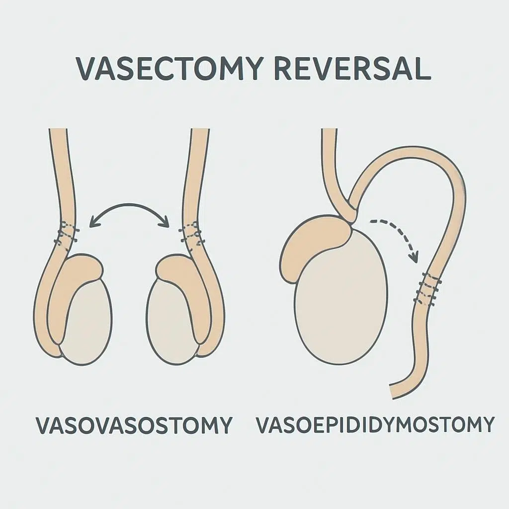 Medical illustration of vasectomy reversal techniques including vasovasostomy and vasoepididymostomy with labeled diagrams
