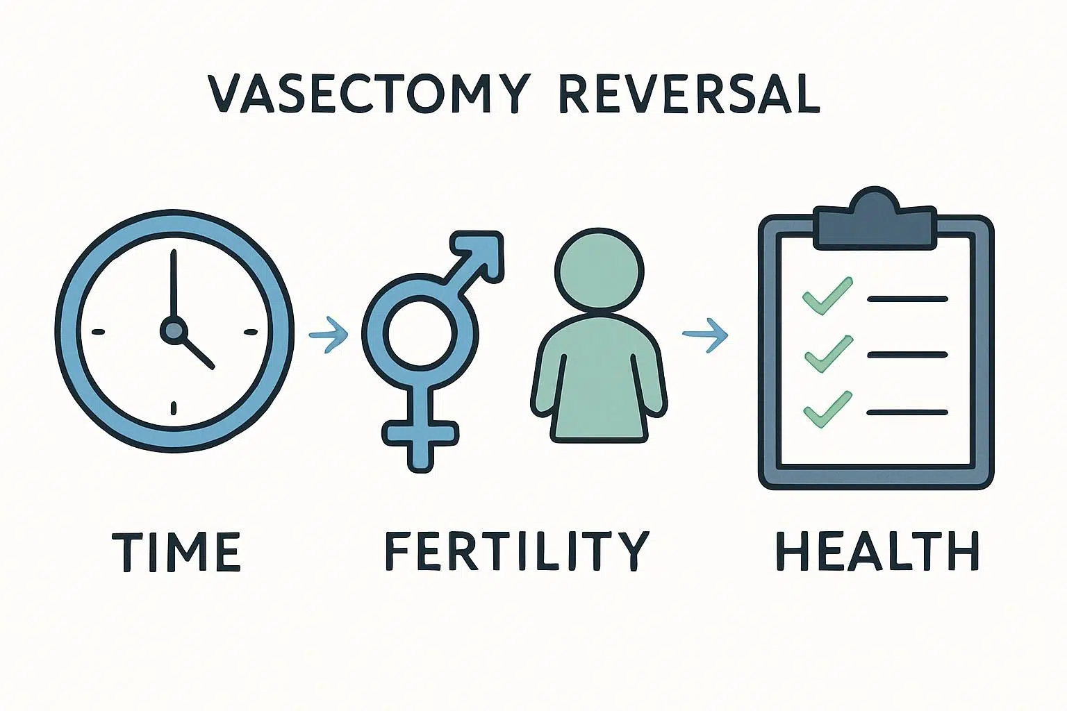 Medical illustration demonstrating risk factors for vasectomy reversal outcomes with timeline and fertility symbols