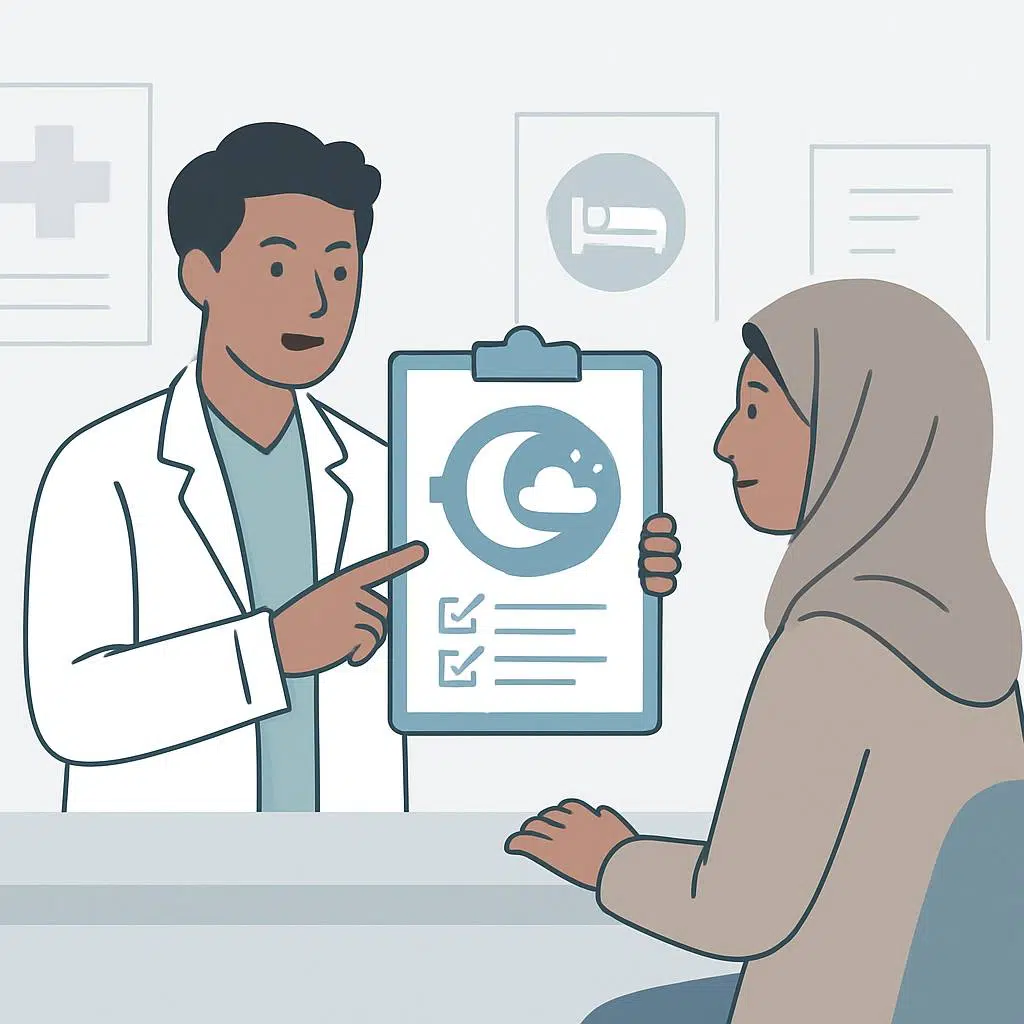 Professional clinic scene showing a doctor and patient in conversation at WeCare Clinic, with doctor holding a clipboard and clinic signage in background