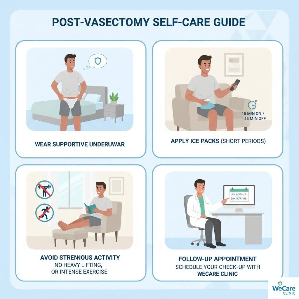 Graphic showing the sensation of pain and discomfort during a vasectomy, including the local anaesthetic injection (like a bee sting), mild ache, swelling, and common side effects.