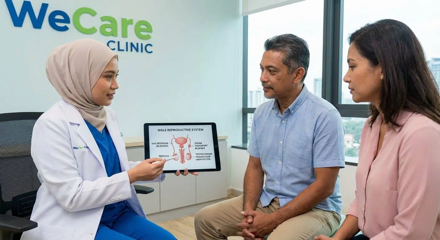 Illustration showing the male reproductive system highlighting the vas deferens and testicles, explaining the vasectomy procedure and its effect on sperm transport but not testosterone production.