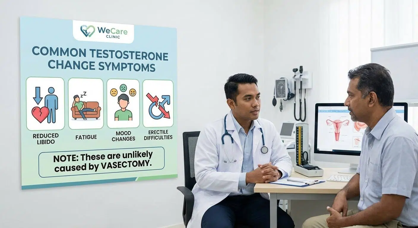 Visual infographic depicting symptoms related to testosterone changes such as reduced libido, fatigue, mood changes, and erectile difficulties, with a note emphasizing these are unlikely caused by vasectomy.