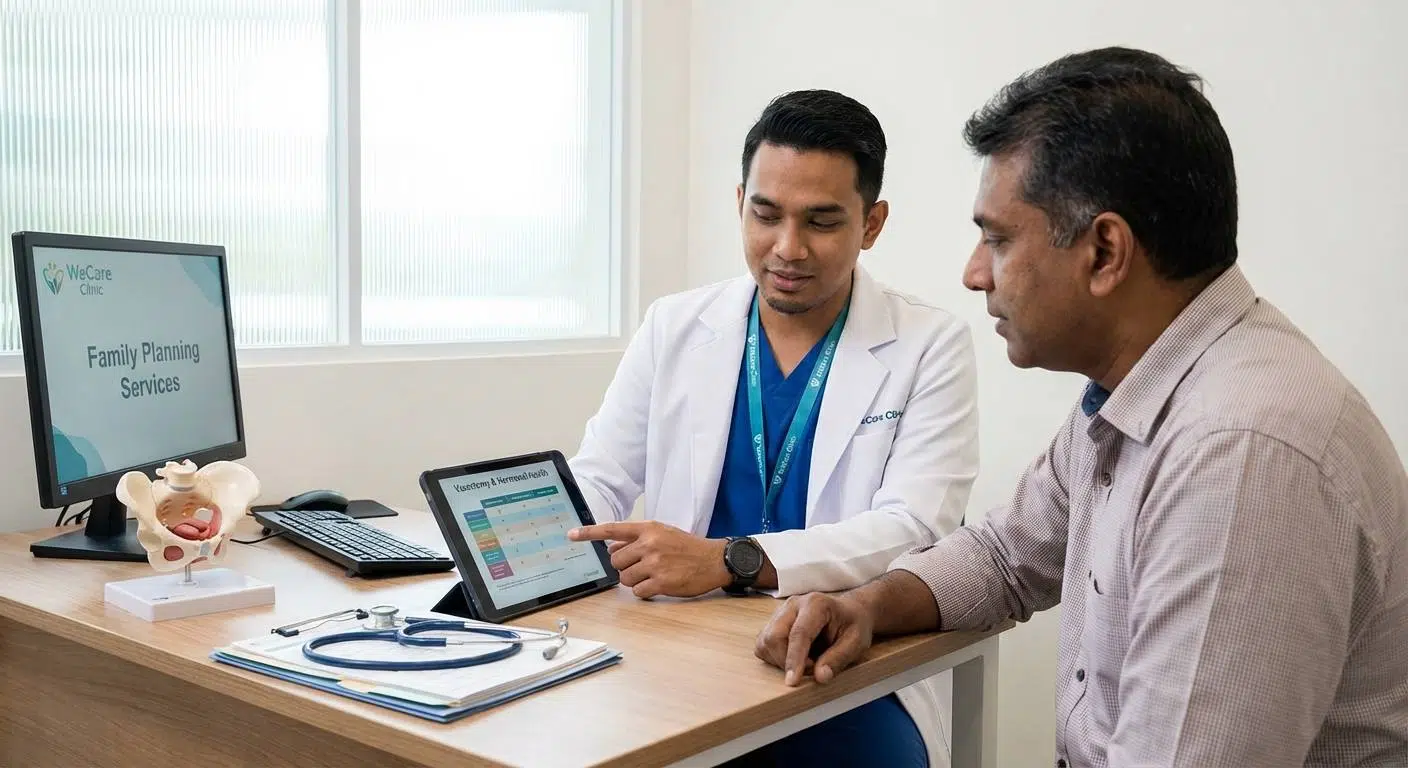 Welcoming scene of a modern clinic consultation room at WeCare Clinic in Kuala Lumpur, showing a doctor discussing vasectomy and hormonal health with a male patient, emphasizing professional care and support.
