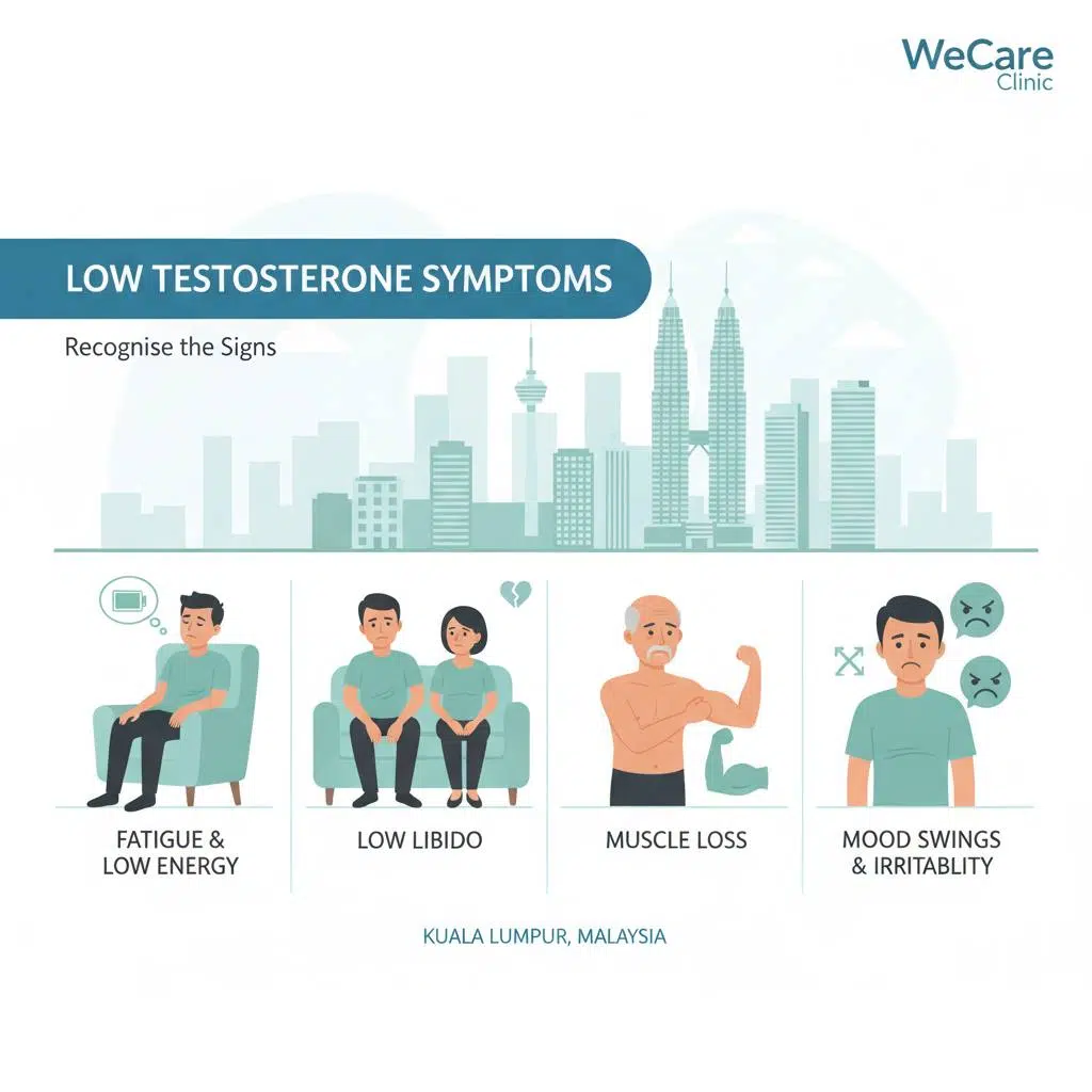 Illustration of symptoms of low testosterone including fatigue, low libido, muscle loss, and mood swings, with a backdrop of Kuala Lumpur cityscape to localize the context