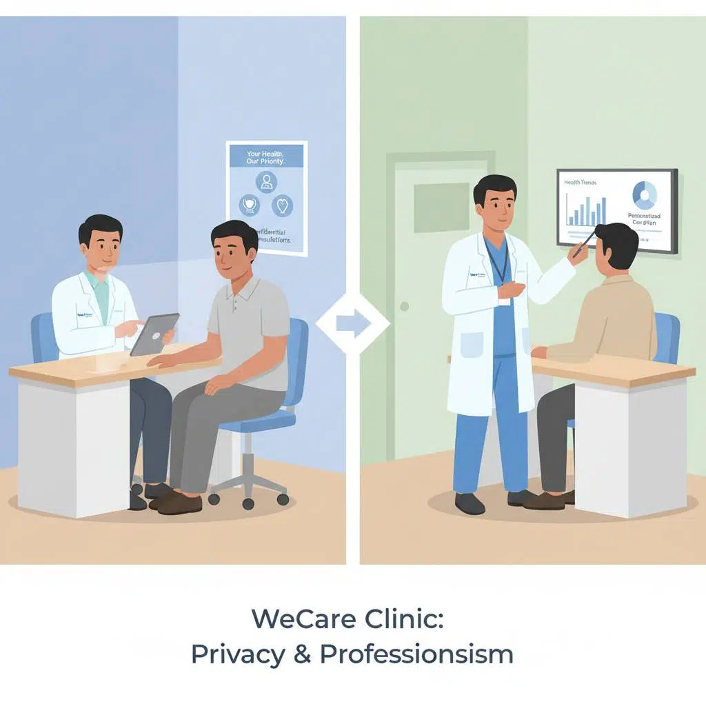 Image of a welcoming clinic environment with male patients consulting doctors at WeCare Clinic branches in Kuala Lumpur and Klang Valley, highlighting privacy and professionalism