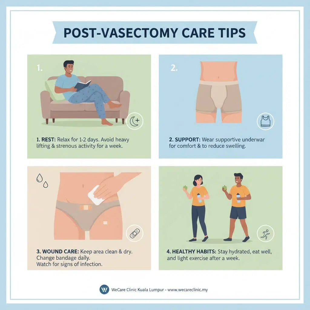 Visual guide of post-vasectomy care tips including rest, supportive underwear, wound care, and healthy lifestyle habits, with subtle icons and a calm, reassuring color scheme