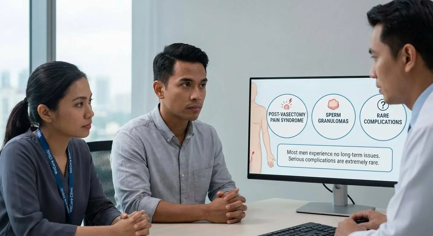 Visual showing common short-term effects after a vasectomy, including mild swelling, bruising, small lumps, and indications of mild pain or discomfort in the scrotal area.
