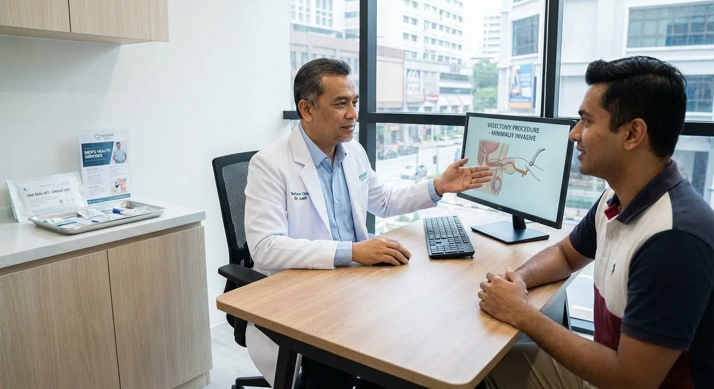 Infographic or diagram explaining possible long-term effects of vasectomy such as post-vasectomy pain syndrome, sperm granulomas, and rare complications, emphasizing the rarity of serious issues.