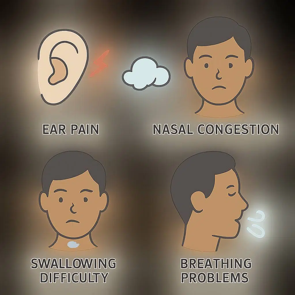 2D medical-style illustration showing common symptoms of ear, nose, and throat conditions including ear pain, nasal congestion, sore throat, swallowing difficulty, and breathing problems