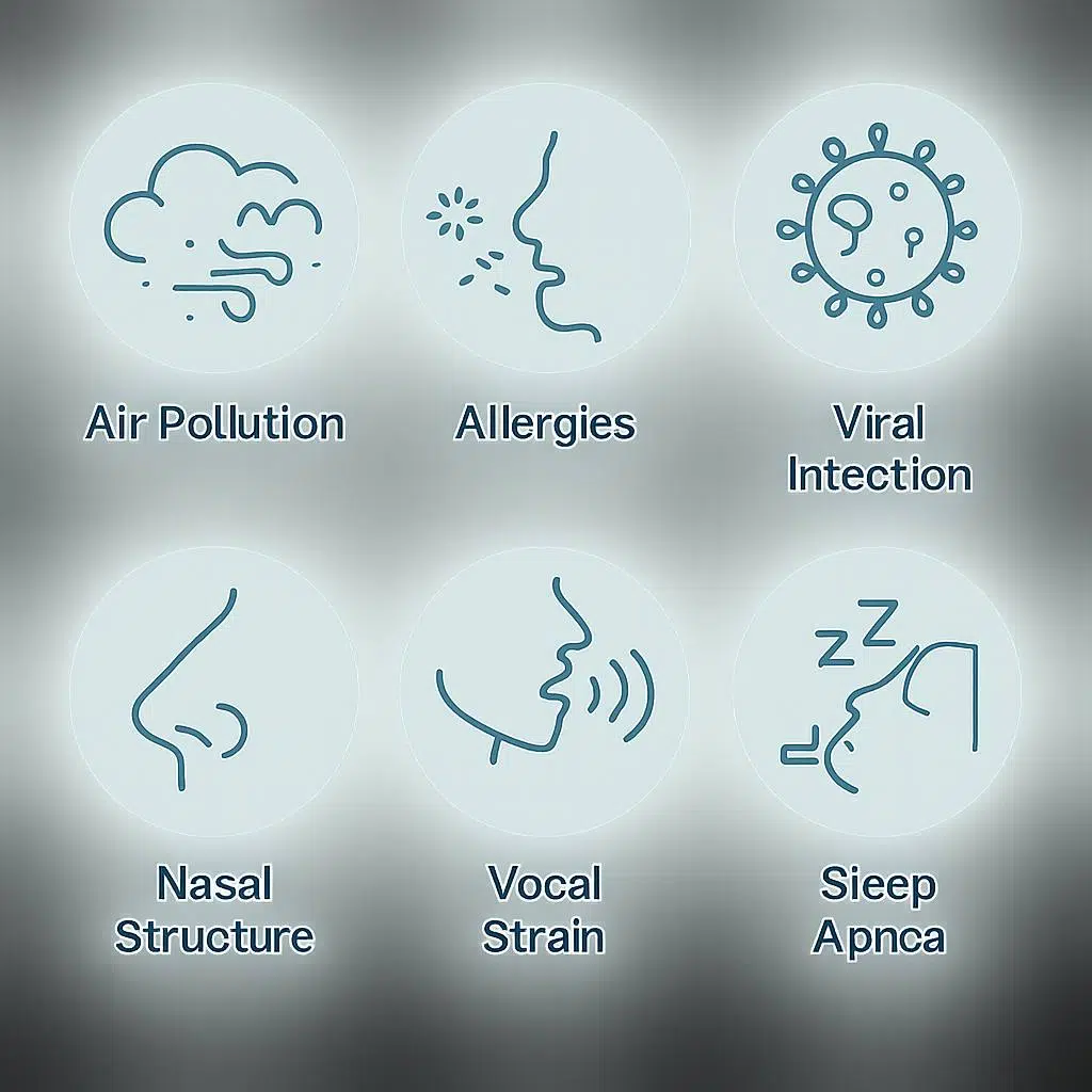2D medical-style illustration depicting common causes and risk factors for ENT problems, with icons for air pollution, allergies, infections, nasal issues, vocal strain, sleep apnea, and smoking