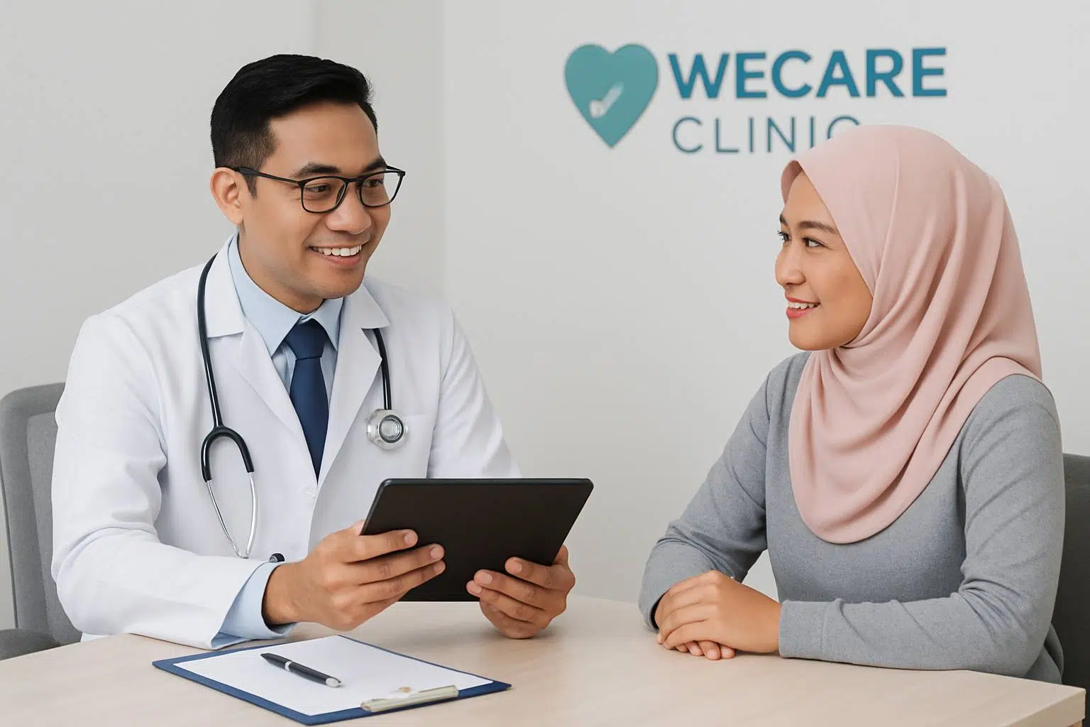 Professional clinic scene showing a doctor and patient in consultation room at WeCare Clinic, doctor holding tablet, subtle clinic branding