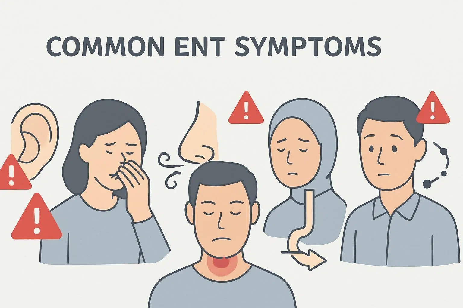 Medical illustration showing common ENT symptoms including ear pain, nasal congestion, sore throat, swallowing difficulty, and balance problems with red flags highlighted