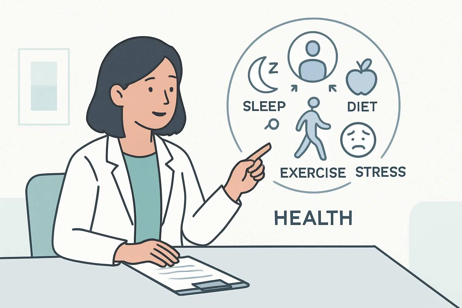 Professional clinic scene at WeCare Clinic showing doctor in white coat consulting seated patient in a clean clinical environment