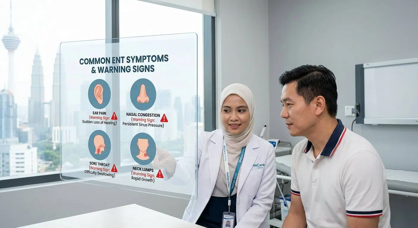 Diagram highlighting common symptoms of ENT issues including ear pain, nasal congestion, sore throat, and neck lumps with warning signs emphasized in Kuala Lumpur setting