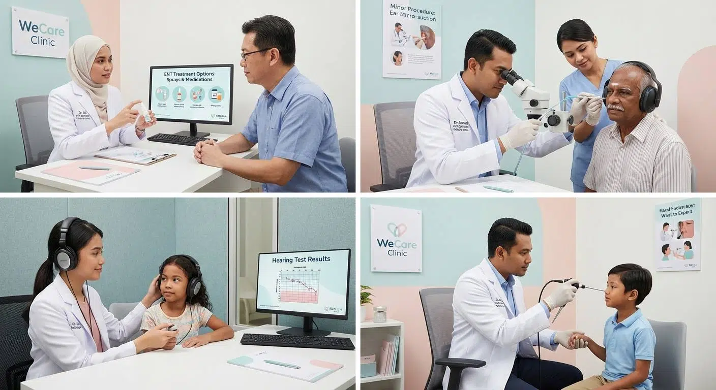 Visual representation of ENT treatment options including medical treatments, minor procedures, and hearing tests inside modern clinic