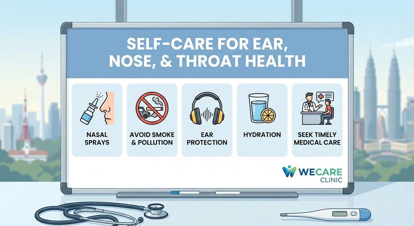 Infographic showing self-care tips for ear, nose, and throat health including nasal sprays, avoiding smoke, ear protection, hydration with Kuala Lumpur background