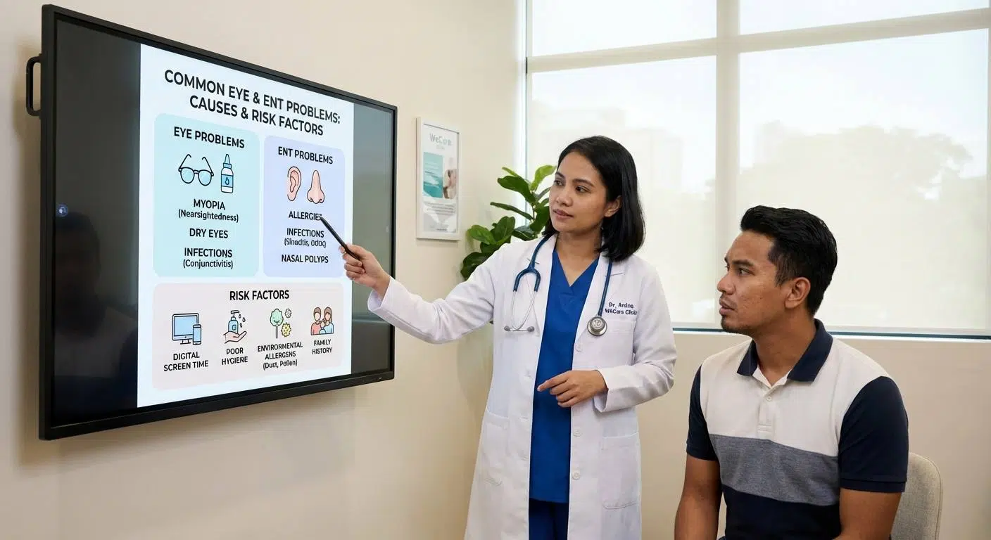 A visual infographic depicting common causes and risk factors for eye and ENT problems, such as myopia, dry eyes, infections, allergies, and nasal polyps, with relevant icons or images.