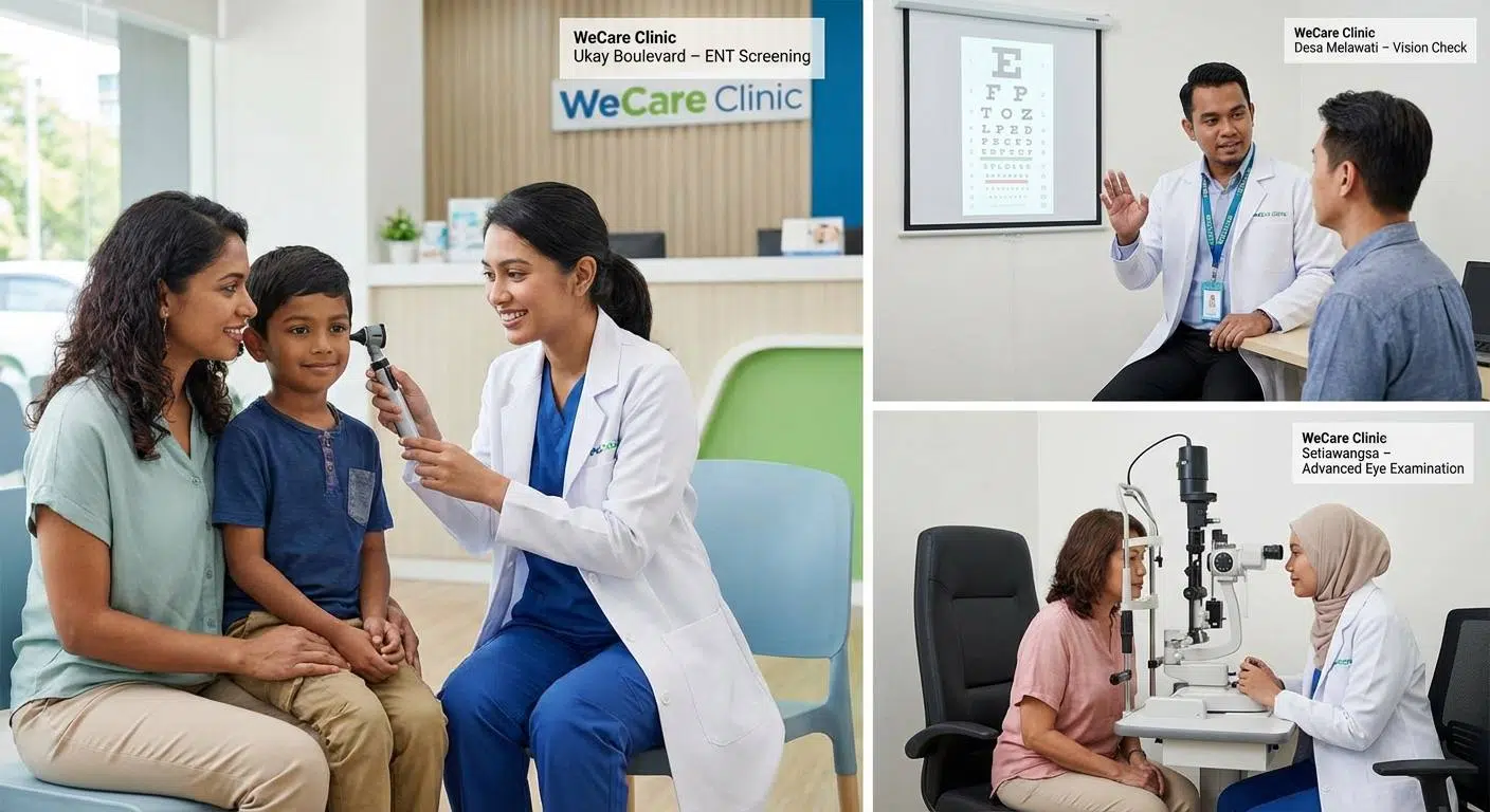 A welcoming scene of WeCare Clinic’s branches in Kuala Lumpur (Ukay Boulevard, Desa Melawati, Setiawangsa) showing friendly doctors conducting eye and ENT examinations with diagnostic tools like Snellen chart, otoscope, and slit-lamp.