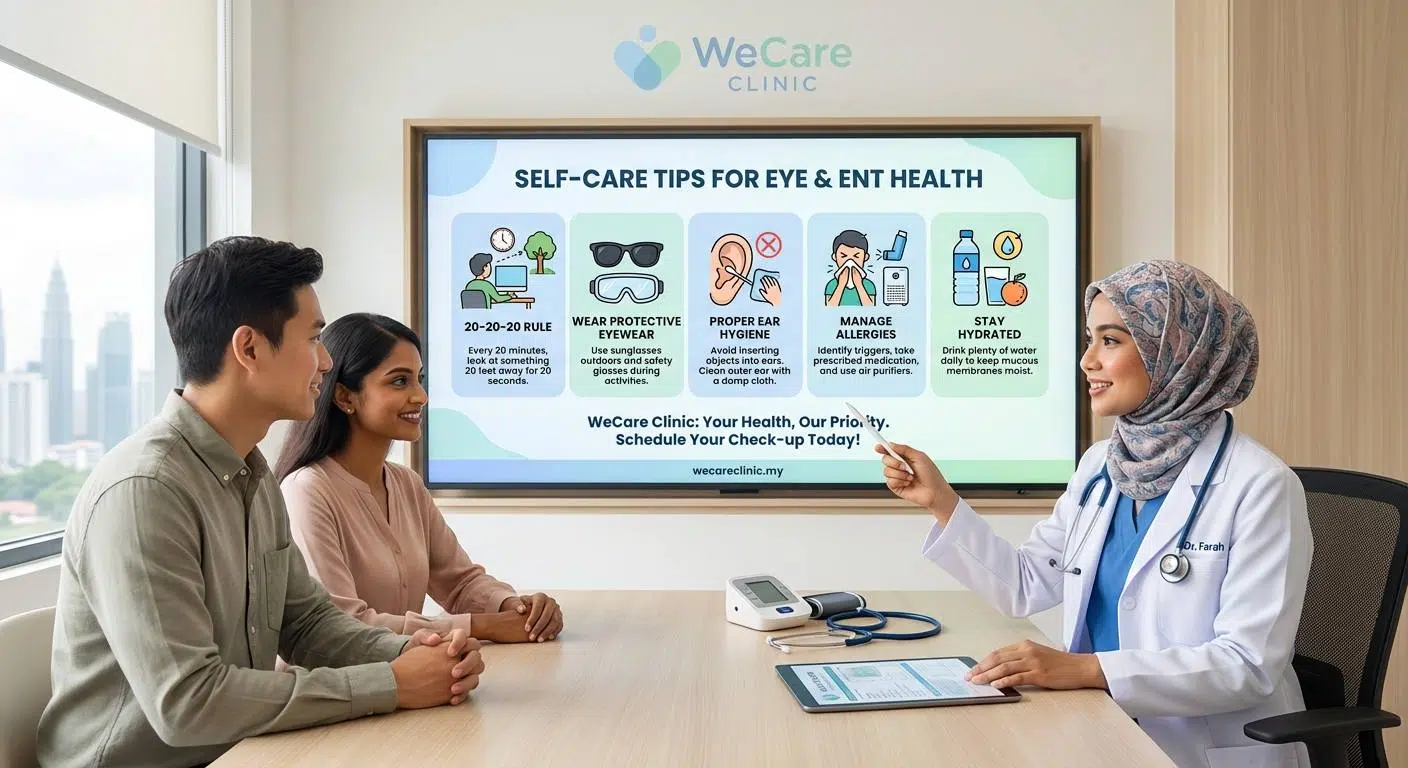 An informative graphic presenting self-care tips for maintaining eye and ENT health, including the 20-20-20 rule, wearing protective eyewear, proper ear hygiene, managing allergies, and staying hydrated.