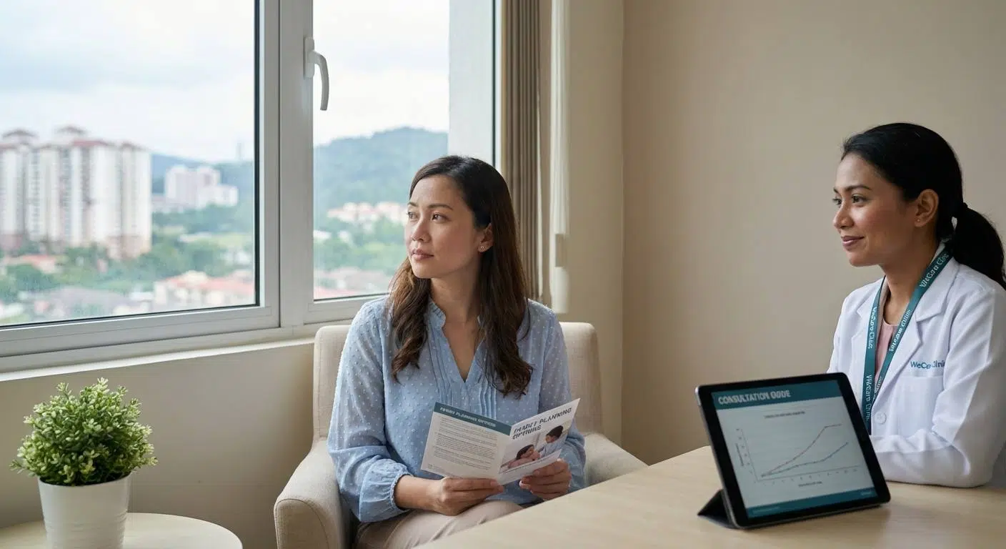Woman in Kuala Lumpur contemplating family planning options amidst urban background representing life in Melawati and Setiawangsa