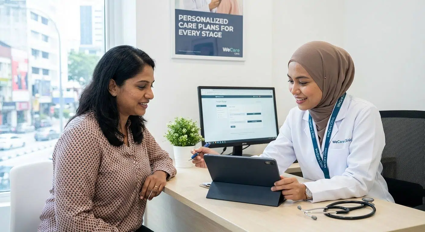 Doctor consulting with a woman at WeCare Clinic emphasizing personalized consultation and care