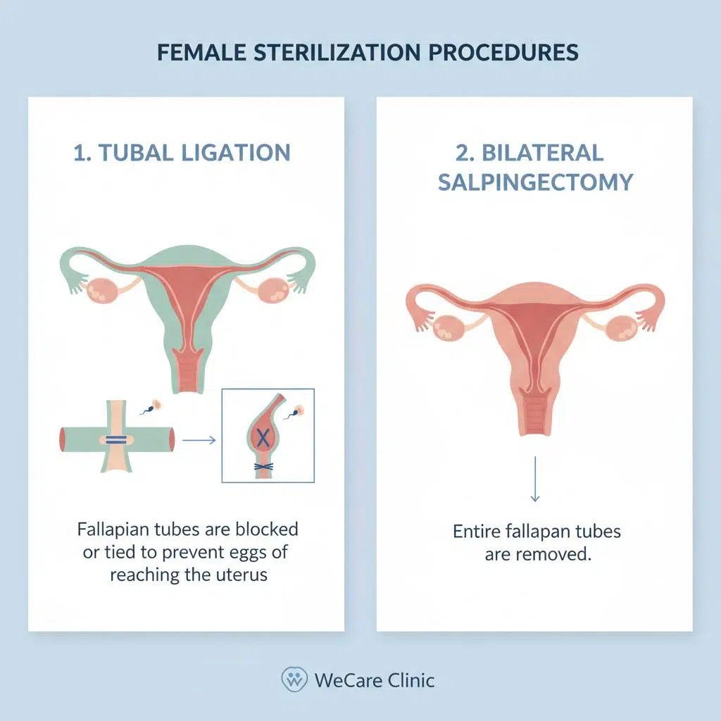Medical illustration showing female sterilization procedures: tubal ligation and bilateral salpingectomy, highlighting the fallopian tubes