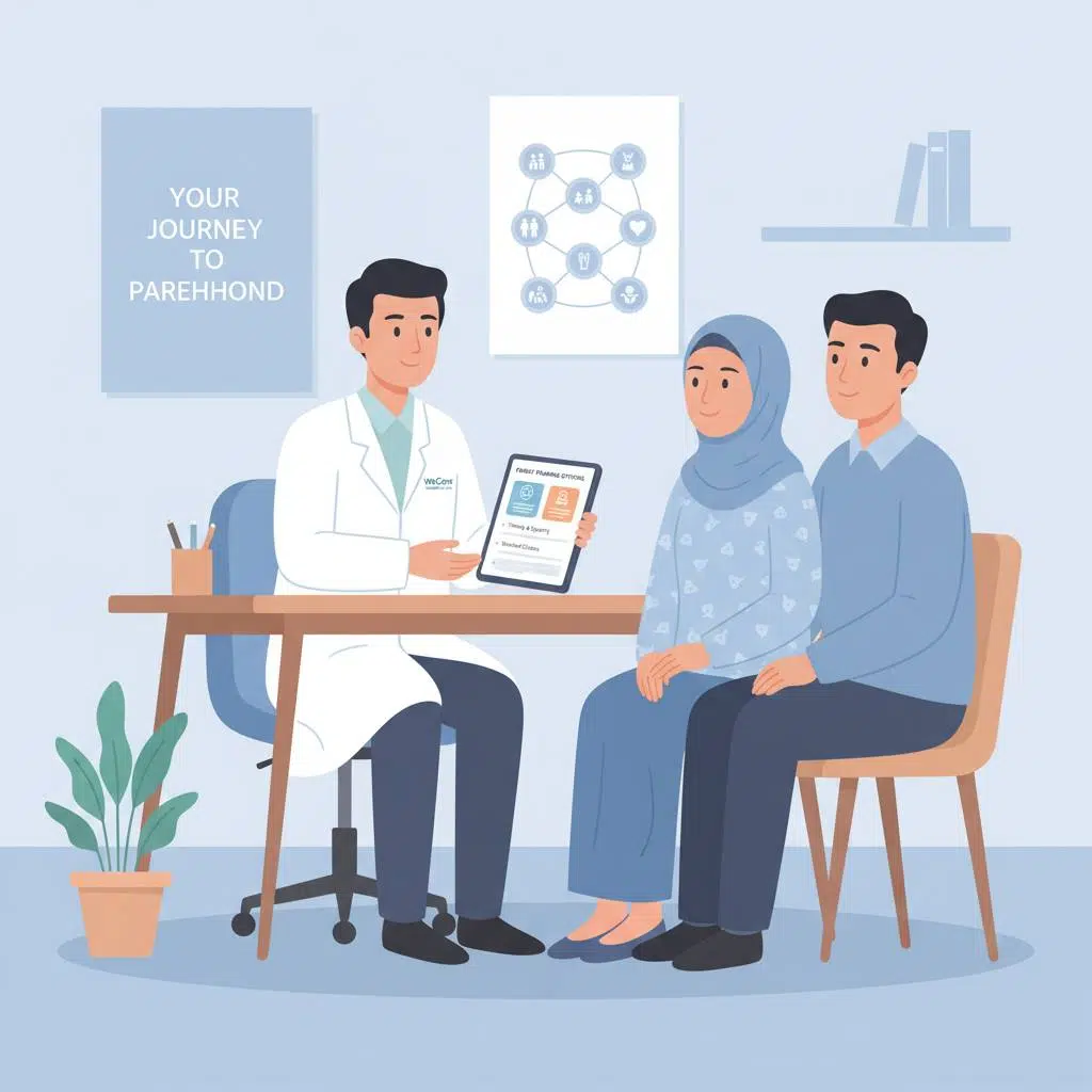 Comforting professional consultation scene at WeCare Clinic showing doctor speaking with female patient in Kuala Lumpur