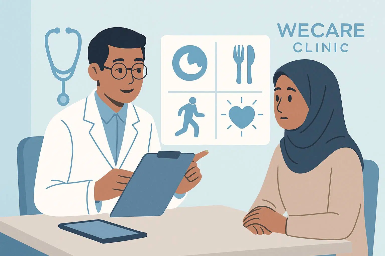 Doctor and patient in consultation at WeCare Clinic with clipboard and tablet, clinic signage visible, patient listening attentively