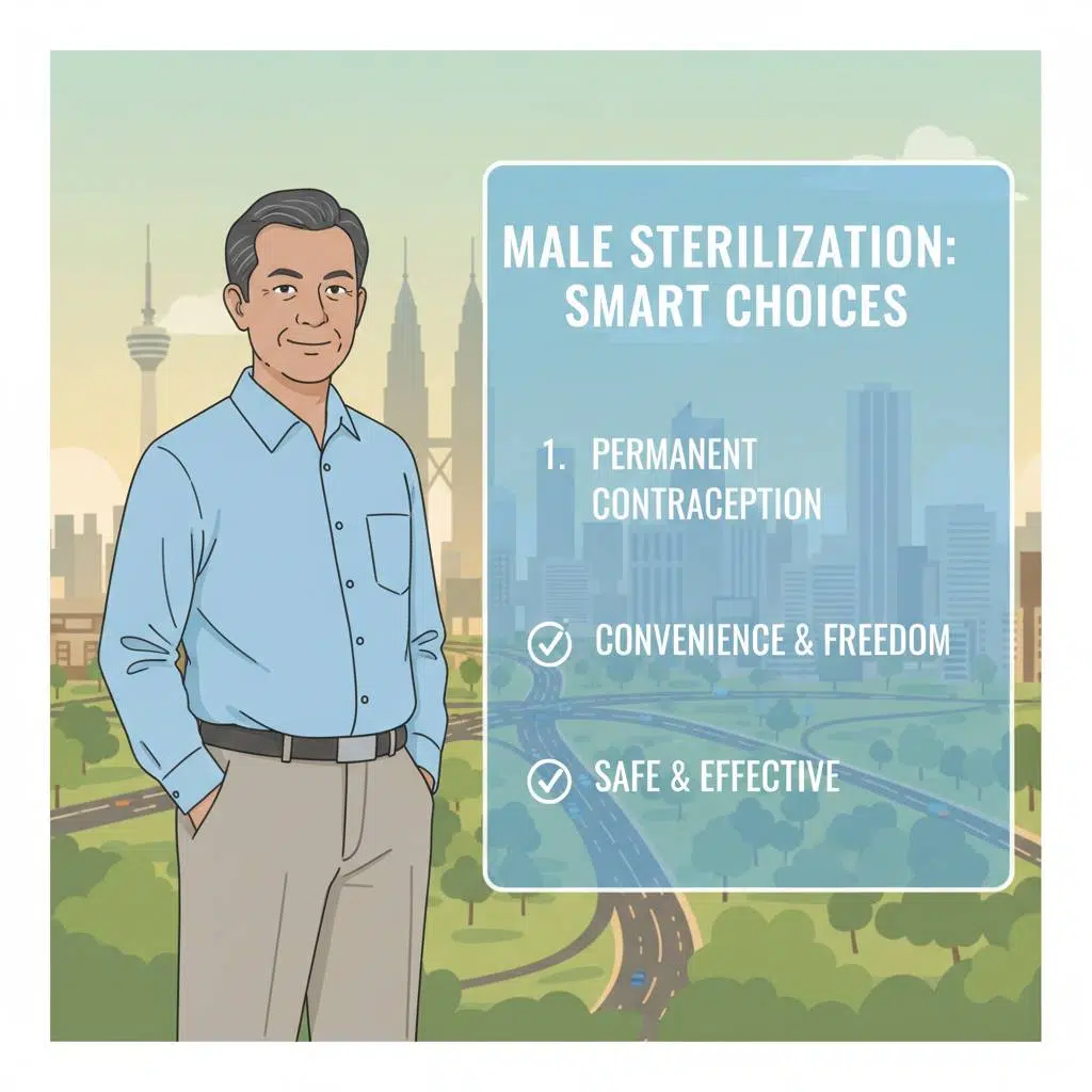 Diagram showing male sterilization vasectomy procedure with vas deferens being cut or blocked