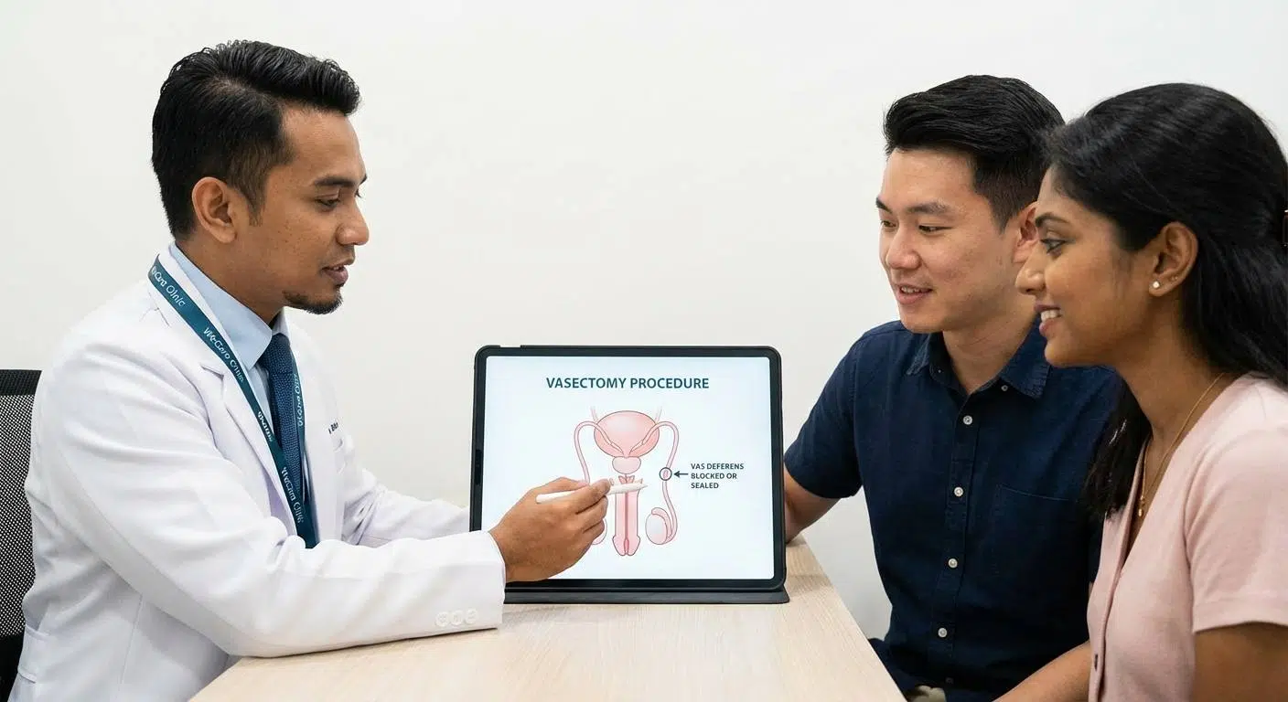Illustration of the male reproductive system highlighting the vas deferens being cut or blocked during a vasectomy procedure