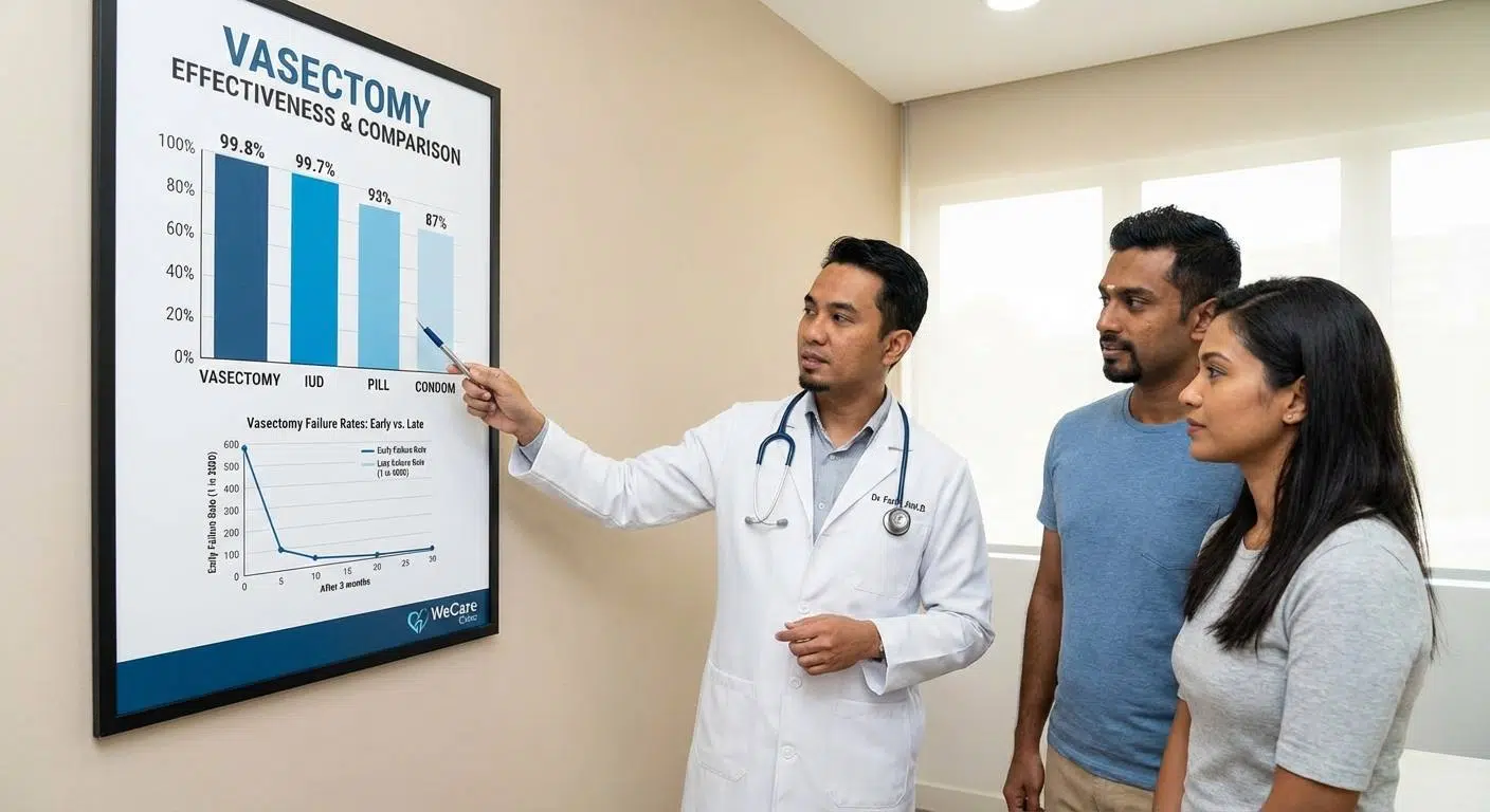 A clear infographic showing vasectomy effectiveness rates compared to other birth control methods, including a chart or graph with statistics on early and late failure rates