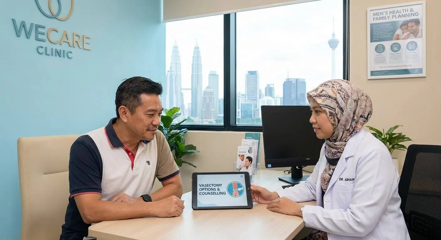 Illustration of a man consulting a doctor at WeCare Clinic about vasectomy options, with Kuala Lumpur cityscape visible in the background.