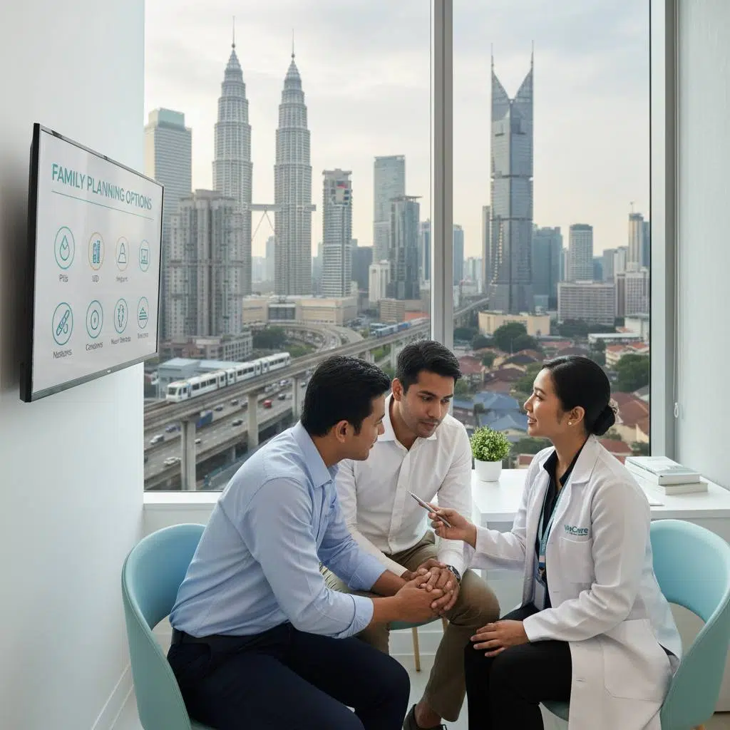 Illustration of a busy urban lifestyle in Kuala Lumpur and Klang Valley with a couple discussing family planning options.
