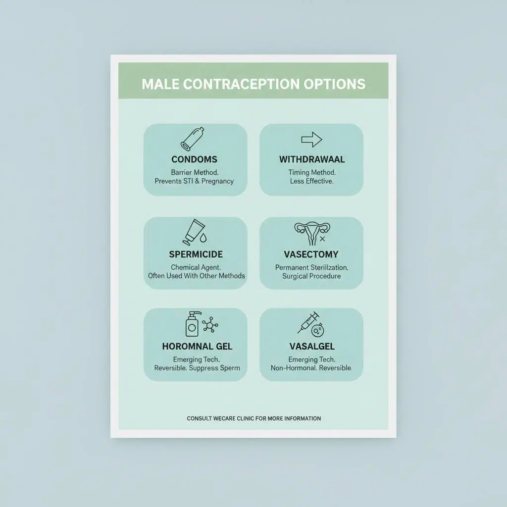 Graphic showing different male contraception methods including condoms, withdrawal, spermicide, female partner sterilization, and emerging technologies like Vasalgel and hormonal contraceptives.