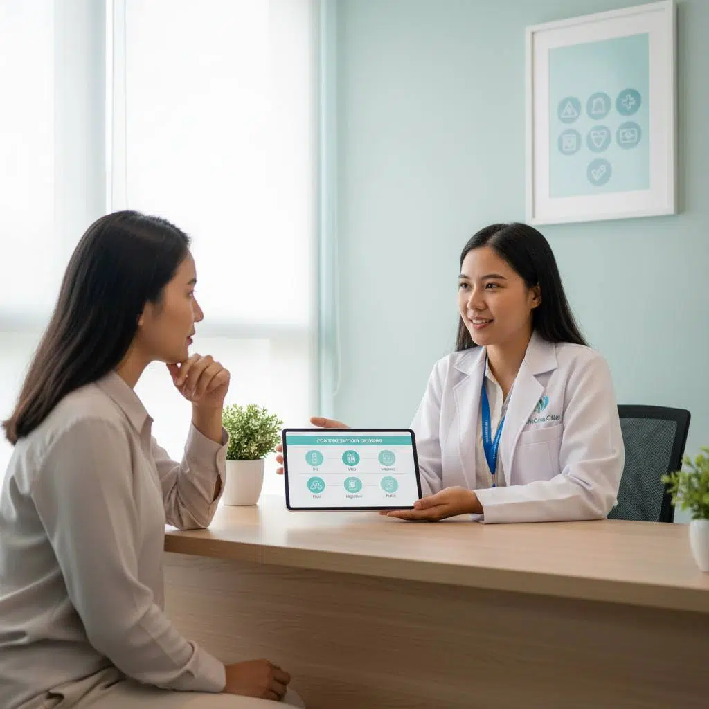 Visual representation of a private consultation at WeCare Clinic with a doctor discussing contraception options with a patient in a comfortable clinic setting.