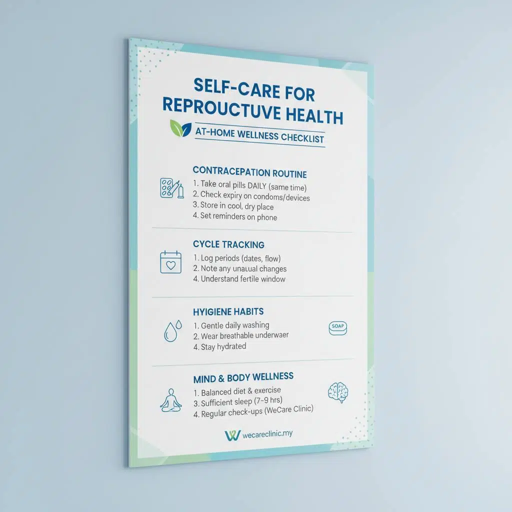 Infographic or checklist highlighting self-care tips at home for contraception and reproductive health.