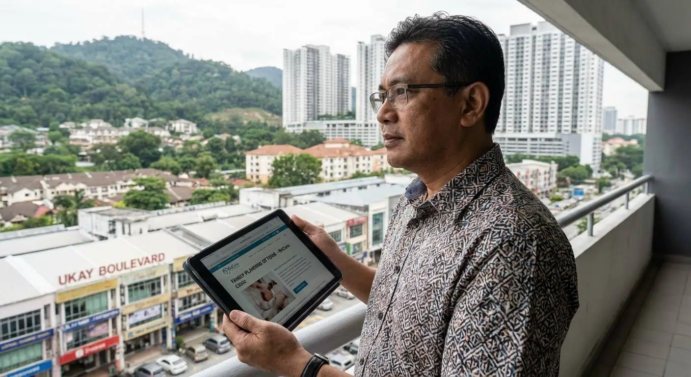 An illustration of a busy man in Kuala Lumpur considering family planning options, with a cityscape background featuring landmarks from Melawati, Setiawangsa, and Ukay Boulevard.