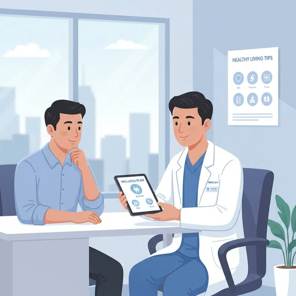 Illustration of a man consulting with a healthcare professional at WeCare Clinic in a private and comfortable setting in Klang Valley.