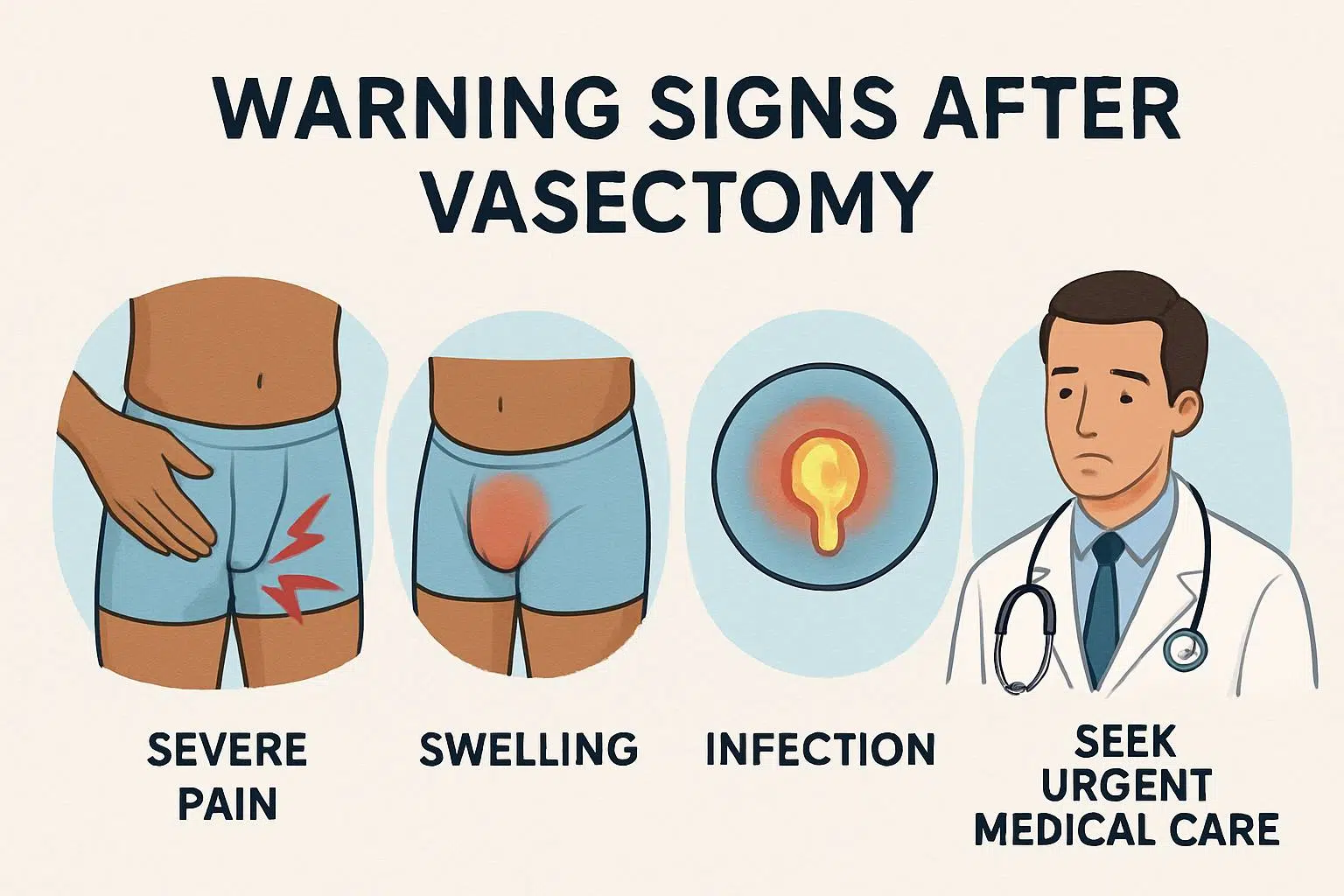 A clinical illustration showing warning signs after vasectomy including severe pain, swelling, infection, and instructions to seek urgent medical care