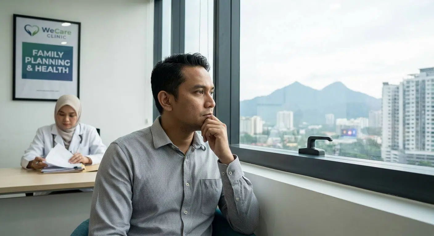 Man thinking about family planning options with Kuala Lumpur cityscape including Melawati, Ukay Boulevard, and Setiawangsa landmarks